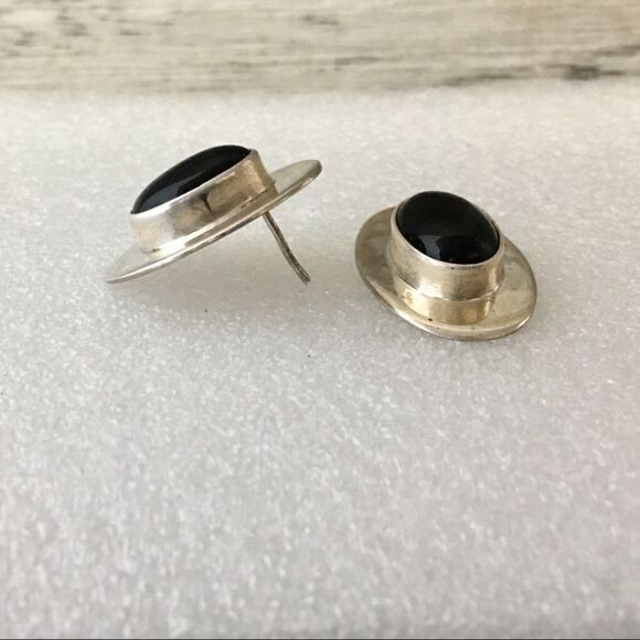 925 Sterling Silver Black Onyx Taxco Mexico Earrings Vintage Oval Pierced 1200 - Picture 7 of 8